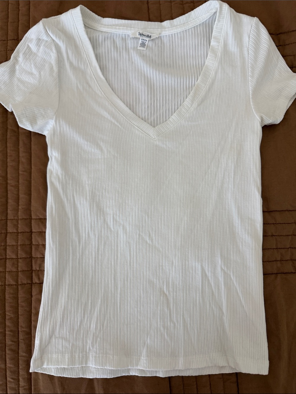 Splendid White Ribbed V-Neck Tee Small Fitted Cotton Blend Classic